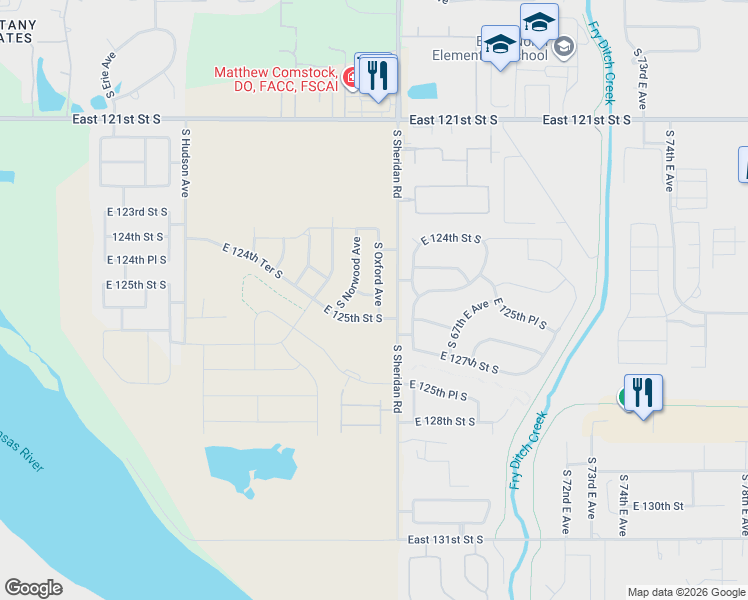 map of restaurants, bars, coffee shops, grocery stores, and more near 6390 East 124th Court South in Bixby
