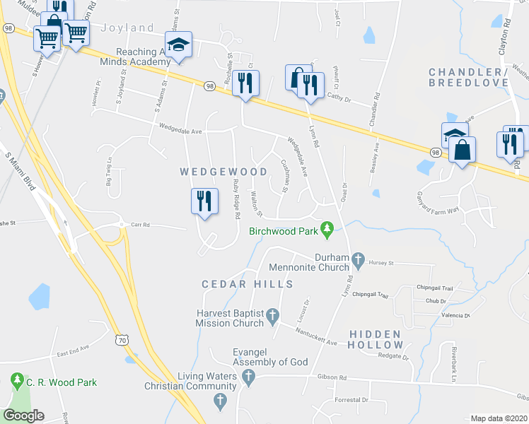 map of restaurants, bars, coffee shops, grocery stores, and more near 419 Walton Street in Durham