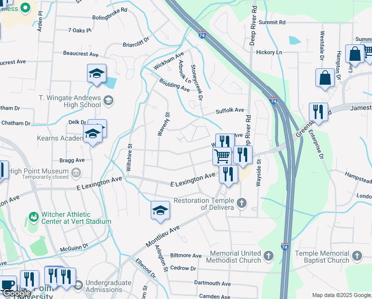 map of restaurants, bars, coffee shops, grocery stores, and more near 2421 Woodruff Avenue in High Point