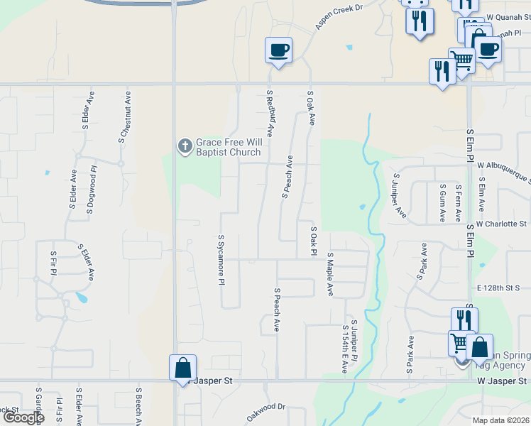map of restaurants, bars, coffee shops, grocery stores, and more near 7201 South Redbud Avenue in Broken Arrow