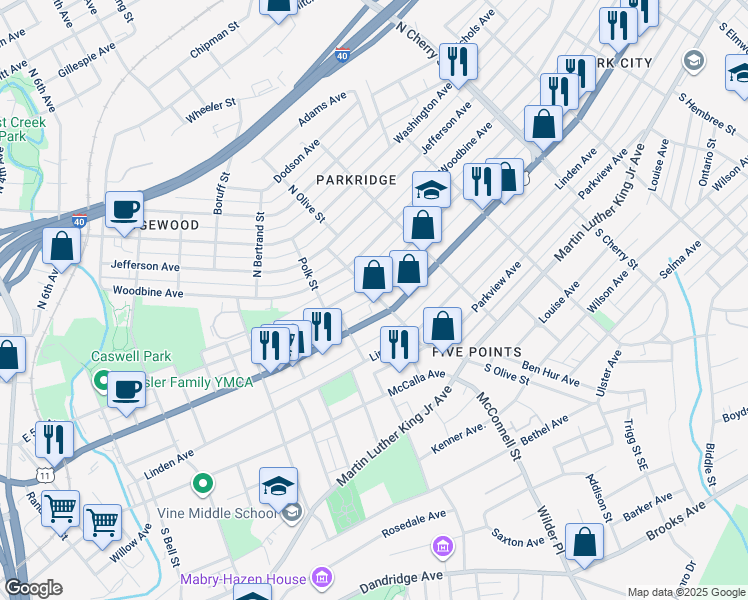 map of restaurants, bars, coffee shops, grocery stores, and more near 405 Olive Street in Knoxville