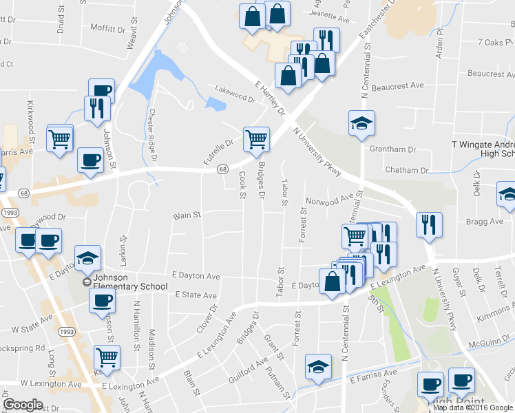 map of restaurants, bars, coffee shops, grocery stores, and more near 1123 Bridges Dr in High Point