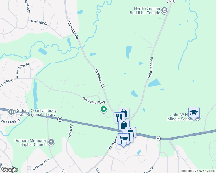 map of restaurants, bars, coffee shops, grocery stores, and more near 312 Stallings Road in Durham