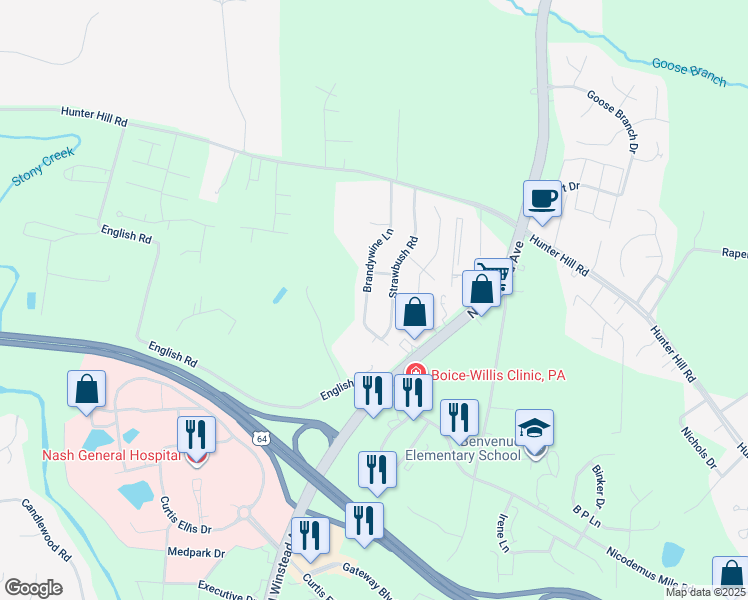 map of restaurants, bars, coffee shops, grocery stores, and more near 921 Brandywine Lane in Rocky Mount