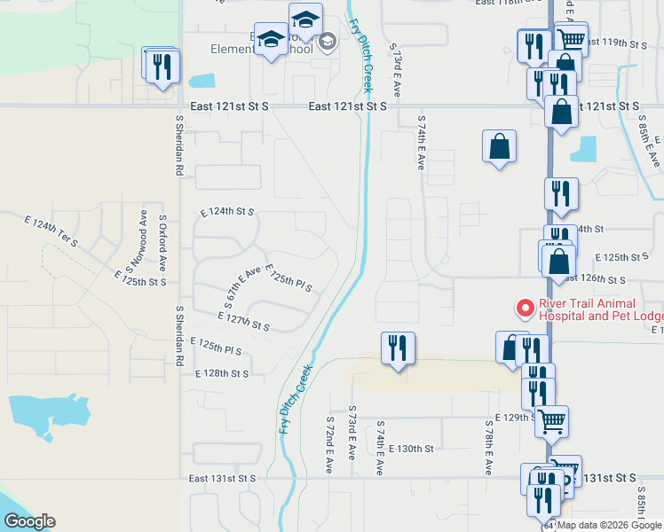 map of restaurants, bars, coffee shops, grocery stores, and more near 12527 South 71st East Avenue in Bixby