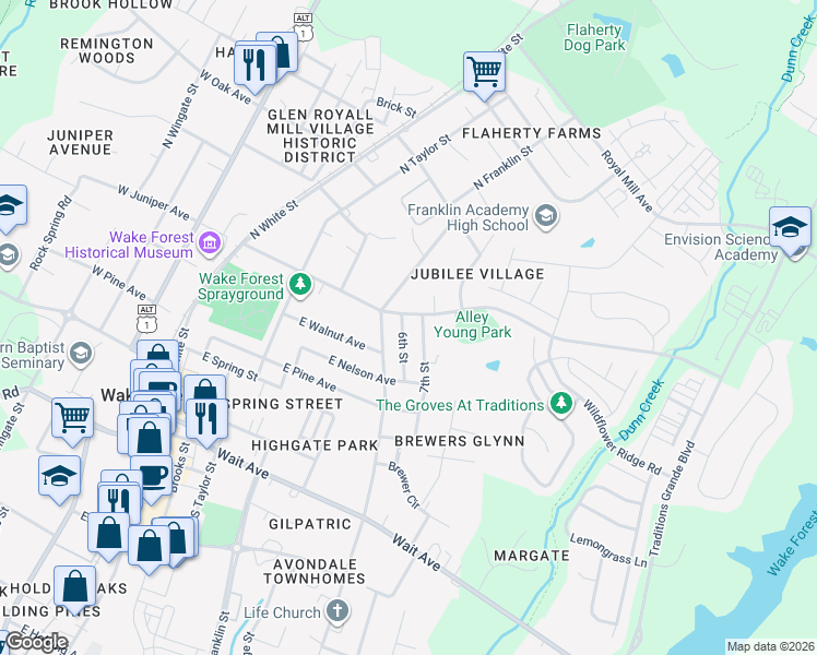 map of restaurants, bars, coffee shops, grocery stores, and more near 412 6th Street in Wake Forest