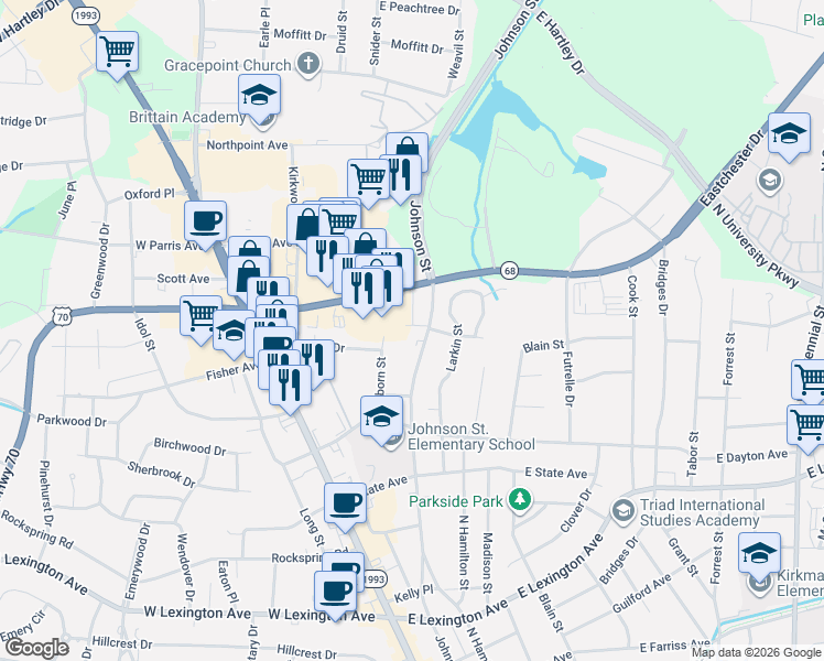 map of restaurants, bars, coffee shops, grocery stores, and more near 1825 Johnson Street in High Point