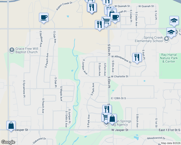 map of restaurants, bars, coffee shops, grocery stores, and more near 7509 South Ironwood Avenue in Broken Arrow