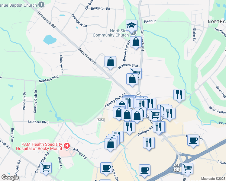 map of restaurants, bars, coffee shops, grocery stores, and more near 10 Cobb Road in Rocky Mount