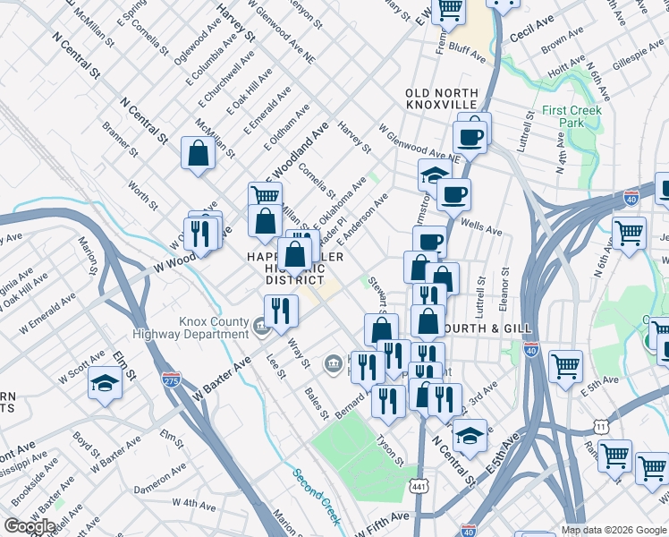 map of restaurants, bars, coffee shops, grocery stores, and more near 1122 Alexander Street in Knoxville
