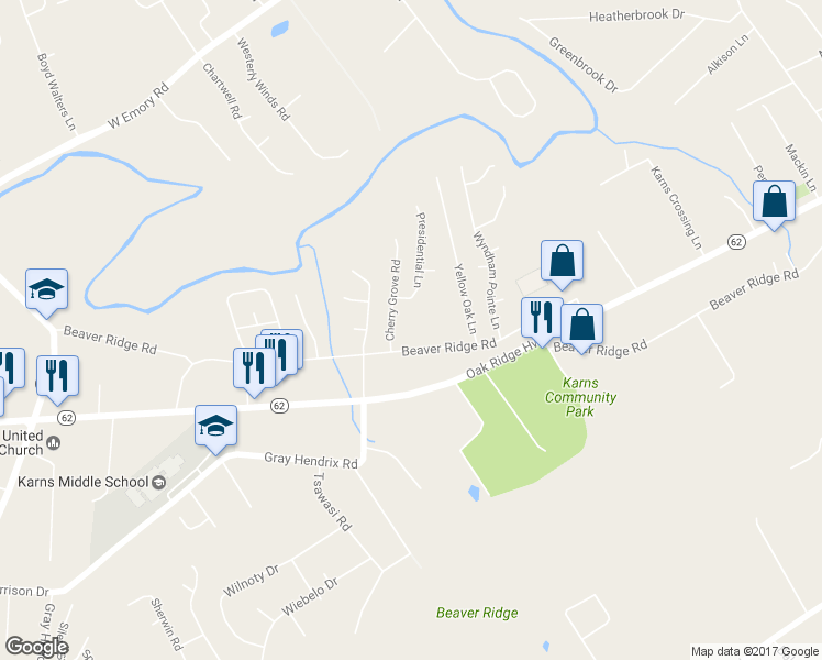 map of restaurants, bars, coffee shops, grocery stores, and more near 7541 Beaver Ridge Road in Knoxville
