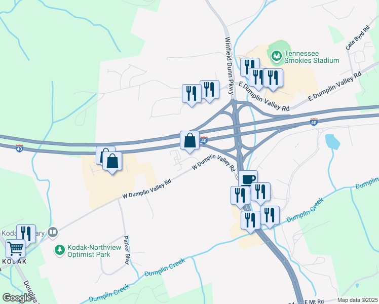 map of restaurants, bars, coffee shops, grocery stores, and more near 3406 Adventure Lane in Kodak