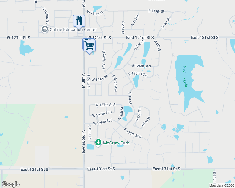 map of restaurants, bars, coffee shops, grocery stores, and more near 12533 South Birch Avenue in Jenks