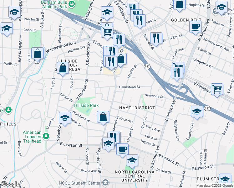 map of restaurants, bars, coffee shops, grocery stores, and more near 1211 Fayetteville Street in Durham