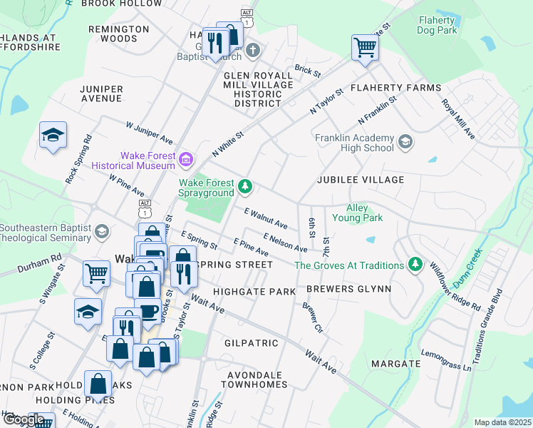 map of restaurants, bars, coffee shops, grocery stores, and more near 513 East Walnut Avenue in Wake Forest