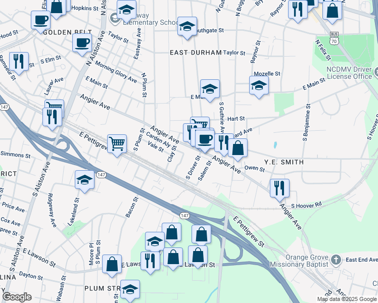 map of restaurants, bars, coffee shops, grocery stores, and more near 2014 Angier Avenue in Durham