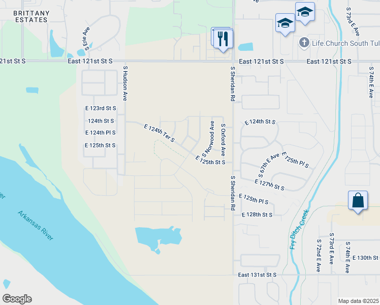 map of restaurants, bars, coffee shops, grocery stores, and more near 12606 South Sheridan Road in Bixby