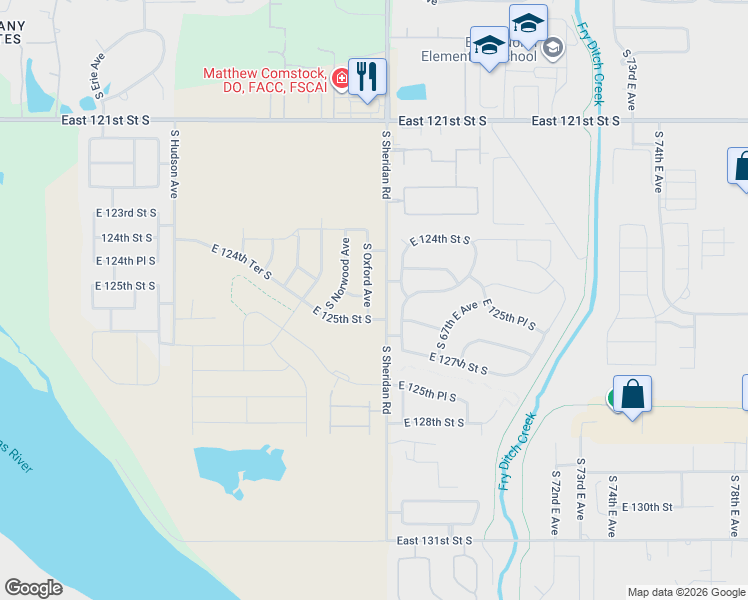 map of restaurants, bars, coffee shops, grocery stores, and more near 6390 East 124th Court South in Bixby