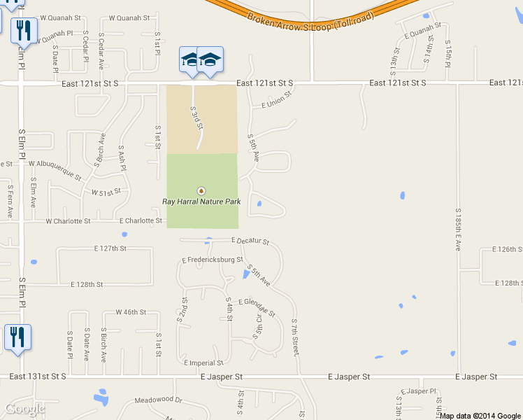 map of restaurants, bars, coffee shops, grocery stores, and more near 604 East Baton Rouge Street in Broken Arrow