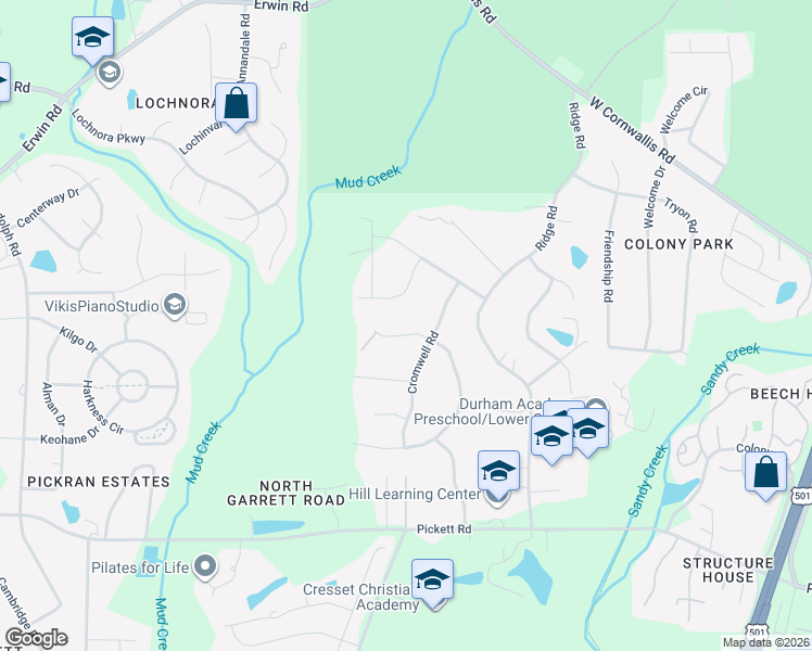 map of restaurants, bars, coffee shops, grocery stores, and more near 3119 Camelot Court in Durham