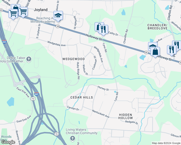 map of restaurants, bars, coffee shops, grocery stores, and more near 208 Cushman Street in Durham