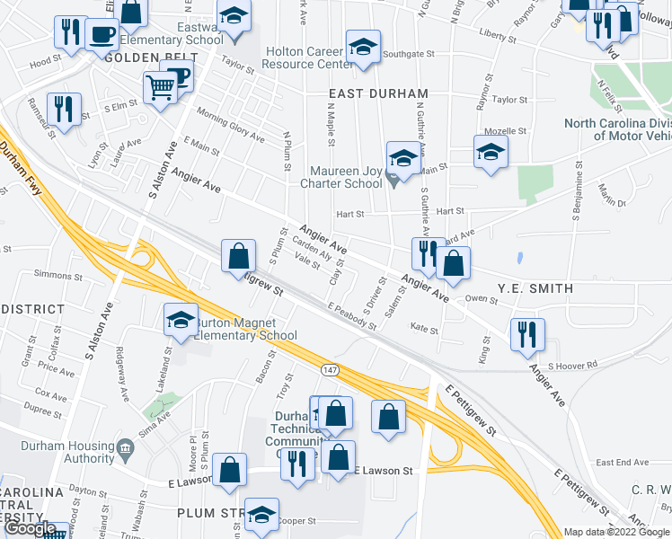 map of restaurants, bars, coffee shops, grocery stores, and more near 1817 Vale St in Durham