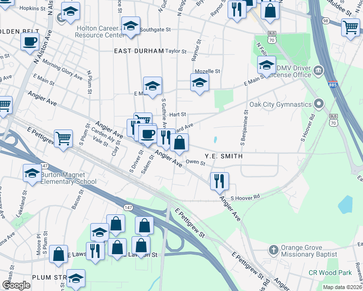 map of restaurants, bars, coffee shops, grocery stores, and more near 2306 Ashe Street in Durham