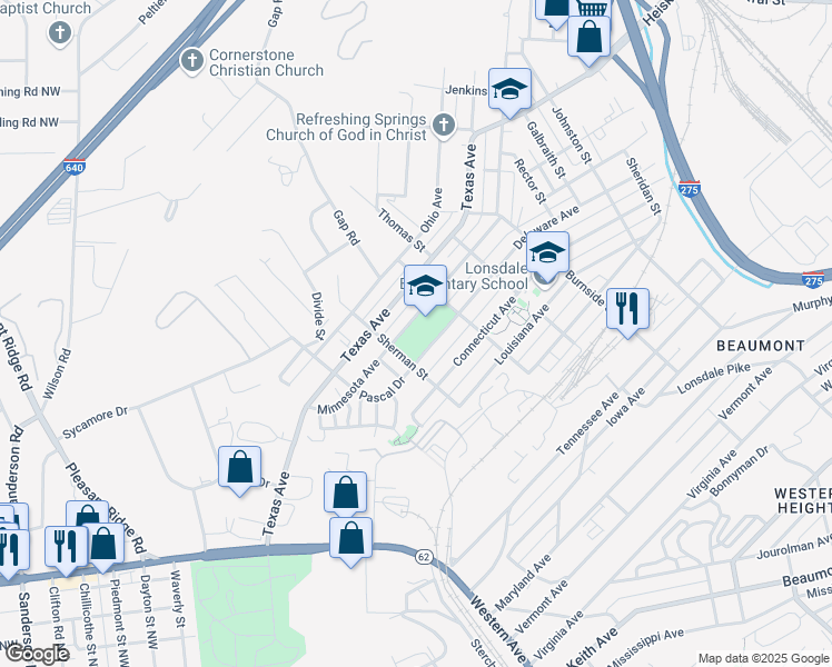 map of restaurants, bars, coffee shops, grocery stores, and more near 1725 Delaware Avenue in Knoxville