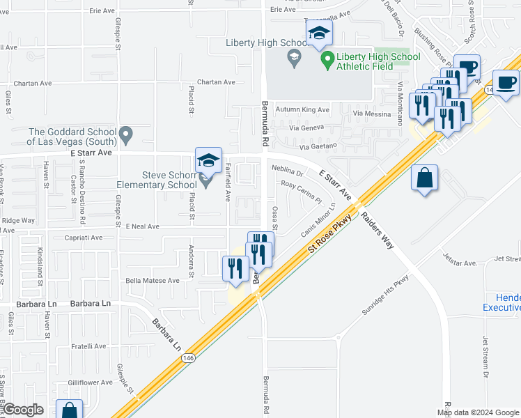 map of restaurants, bars, coffee shops, grocery stores, and more near 11425 Bermuda Road in Henderson