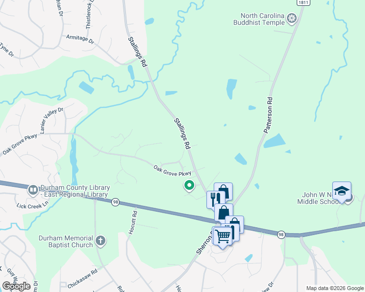 map of restaurants, bars, coffee shops, grocery stores, and more near 211 Briarhaven Drive in Durham