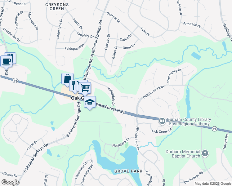 map of restaurants, bars, coffee shops, grocery stores, and more near 3825 Valleydale Drive in Durham