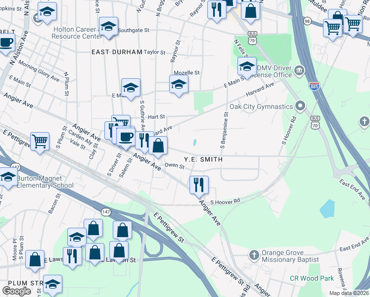 map of restaurants, bars, coffee shops, grocery stores, and more near 2411 Ashe Street in Durham