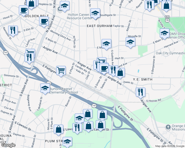 map of restaurants, bars, coffee shops, grocery stores, and more near 2014 Angier Avenue in Durham