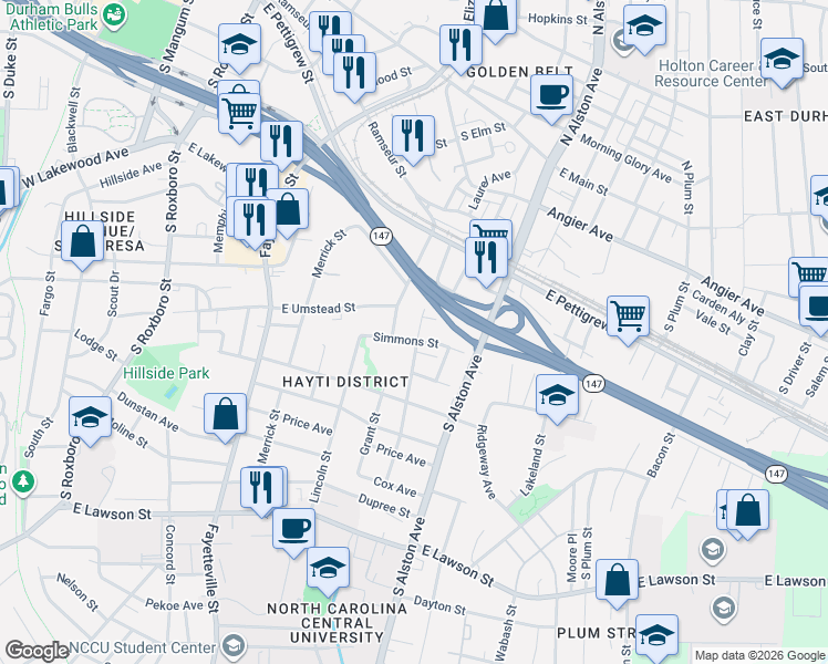 map of restaurants, bars, coffee shops, grocery stores, and more near 715 Grant Street in Durham
