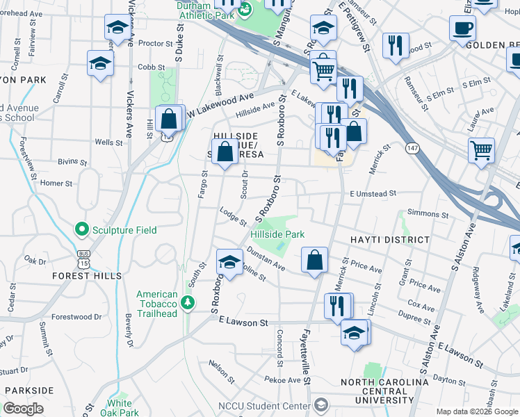 map of restaurants, bars, coffee shops, grocery stores, and more near 1218 South Roxboro Street in Durham
