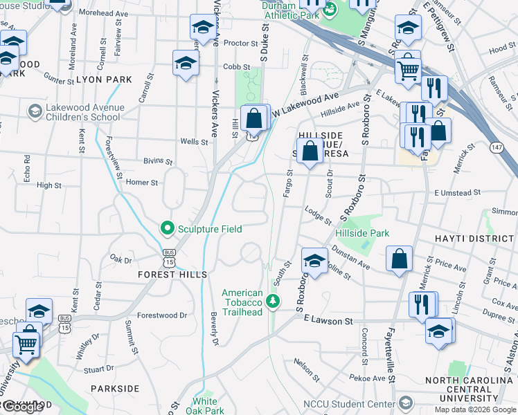 map of restaurants, bars, coffee shops, grocery stores, and more near 750 East Forest Hills Boulevard in Durham