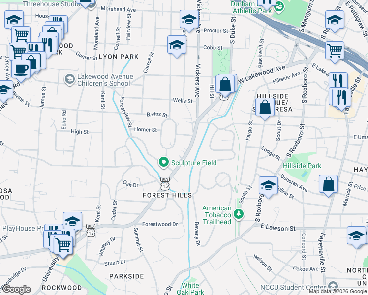 map of restaurants, bars, coffee shops, grocery stores, and more near 1614 University Drive in Durham