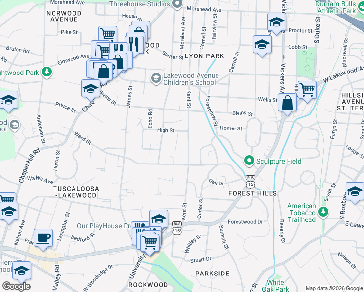 map of restaurants, bars, coffee shops, grocery stores, and more near 1516 Kent Street in Durham