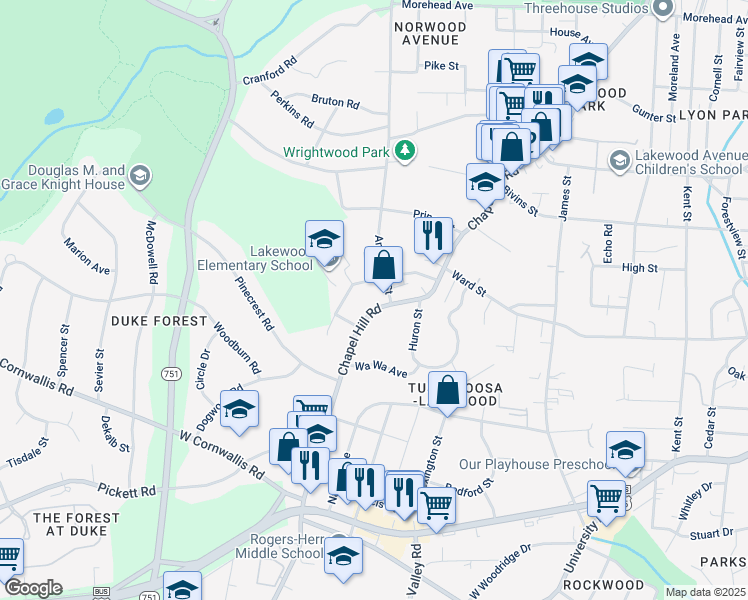 map of restaurants, bars, coffee shops, grocery stores, and more near 2501A Chapel Hill Road in Durham