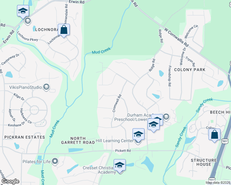 map of restaurants, bars, coffee shops, grocery stores, and more near 3119 Camelot Court in Durham