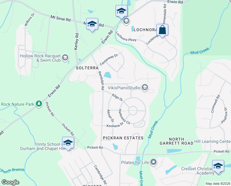 map of restaurants, bars, coffee shops, grocery stores, and more near 3614 Kilgo Drive in Durham
