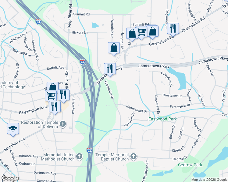 map of restaurants, bars, coffee shops, grocery stores, and more near 1215 Enterprise Drive in High Point