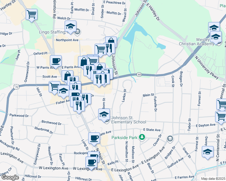 map of restaurants, bars, coffee shops, grocery stores, and more near 1825 Johnson Street in High Point