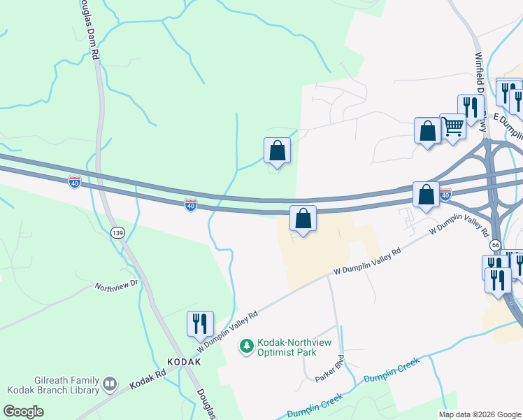 map of restaurants, bars, coffee shops, grocery stores, and more near Interstate 40 in Kodak