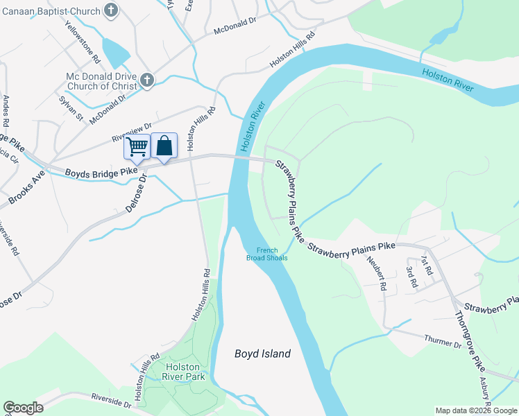 map of restaurants, bars, coffee shops, grocery stores, and more near 1926 River Shores Drive in Knoxville