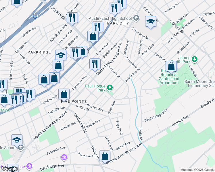 map of restaurants, bars, coffee shops, grocery stores, and more near 316 South Chestnut Street in Knoxville