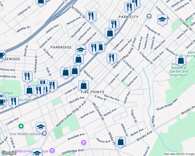 map of restaurants, bars, coffee shops, grocery stores, and more near 2401 Parkview Avenue in Knoxville