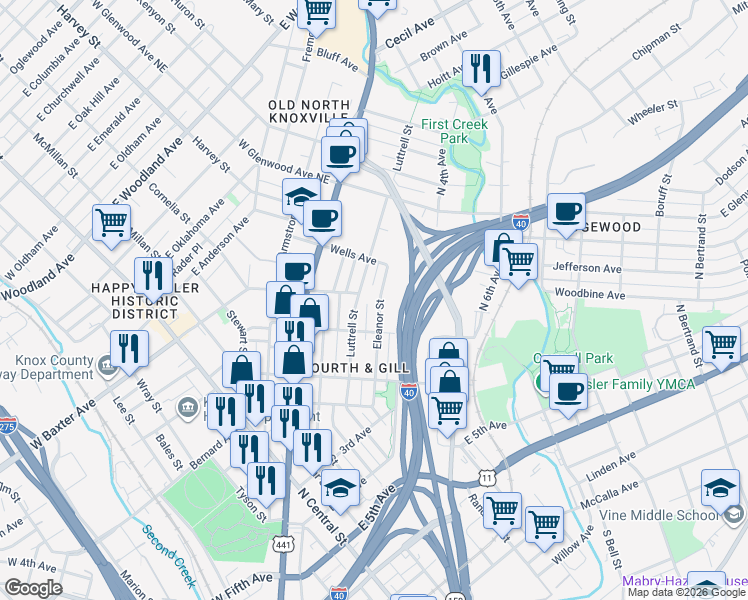 map of restaurants, bars, coffee shops, grocery stores, and more near 1026 Luttrell Street in Knoxville