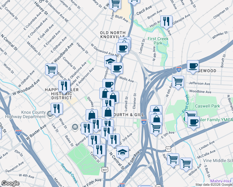 map of restaurants, bars, coffee shops, grocery stores, and more near 1020 Gratz Street in Knoxville