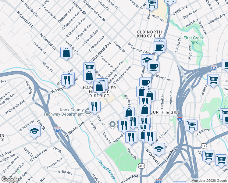 map of restaurants, bars, coffee shops, grocery stores, and more near 1122 Alexander Street in Knoxville